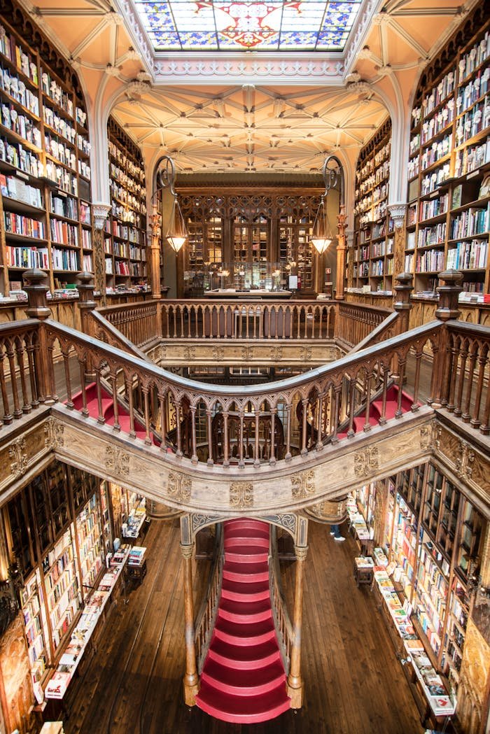 Top View of Library With Red Stairs